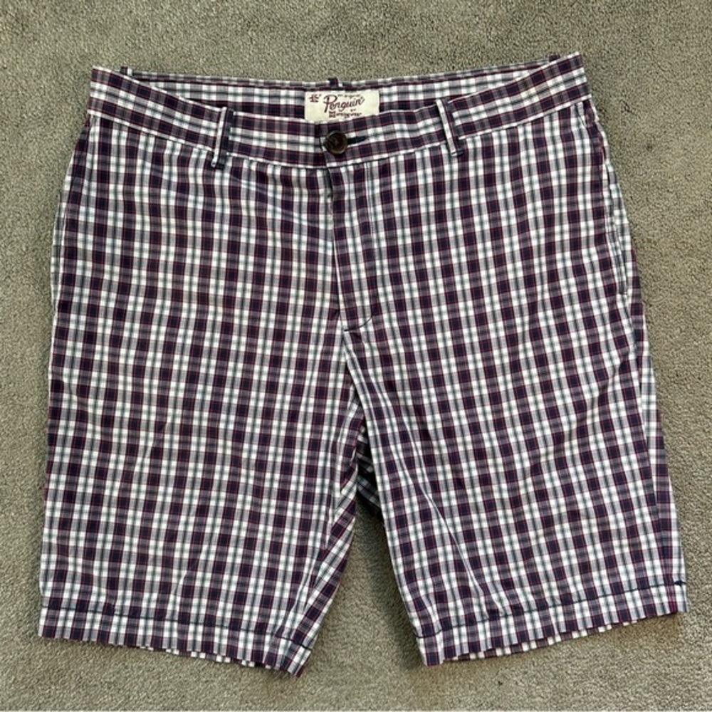 Original Penguin Mens Plaid Shorts Navy Red White Checkered Size 34